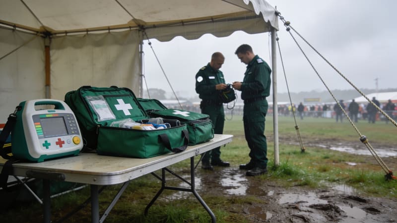 A first-aid tent at an outdoor event, with medical kit bags open on a folding table and two paramedics in plain uniforms checking equipment.