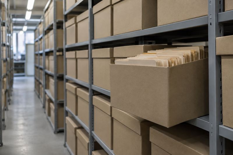 Rows of plain brown archive boxes on grey metal shelving in a records store, one box pulled out with buff folders standing upright inside it.