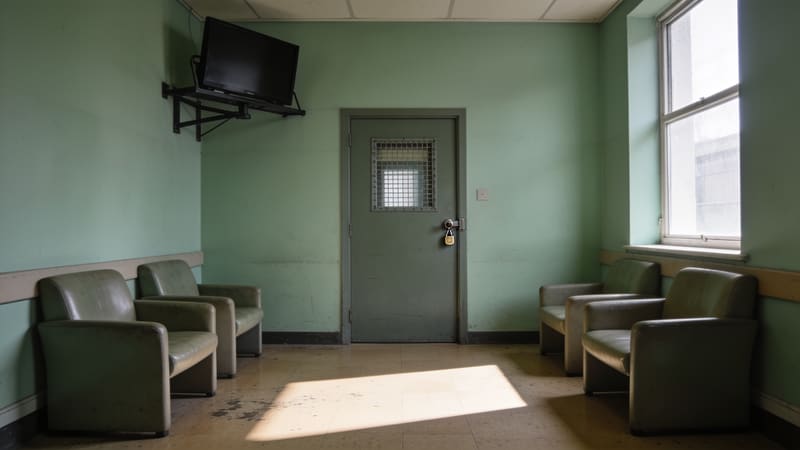 An empty institutional day room with vinyl armchairs against the walls and a heavy locked door with an observation panel.