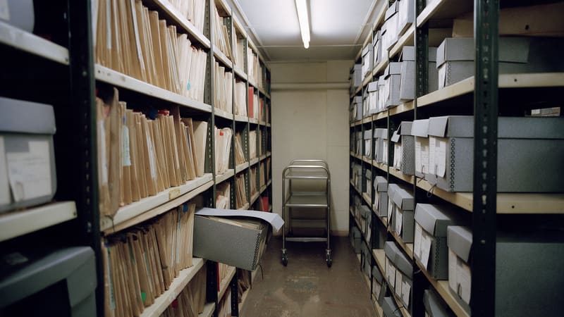 A narrow records store with metal shelving of buff folders and archive boxes, one box pulled forward with papers inside.