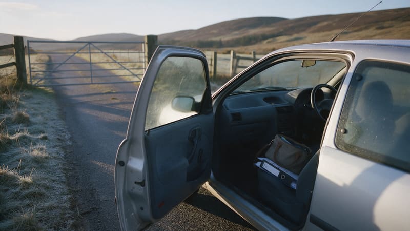 A care worker's car parked on a single track road at first light, driver's door open and a bag on the passenger seat, with frost on the verge and hills behind.