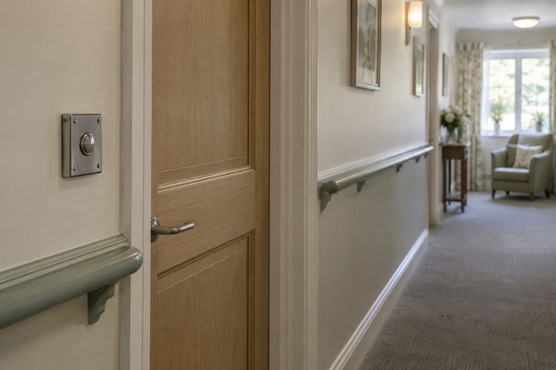 A brushed-steel door release button on the wall beside a closed oak door in a care home corridor, a pale green handrail along the wall and an armchair by a window at the far end.