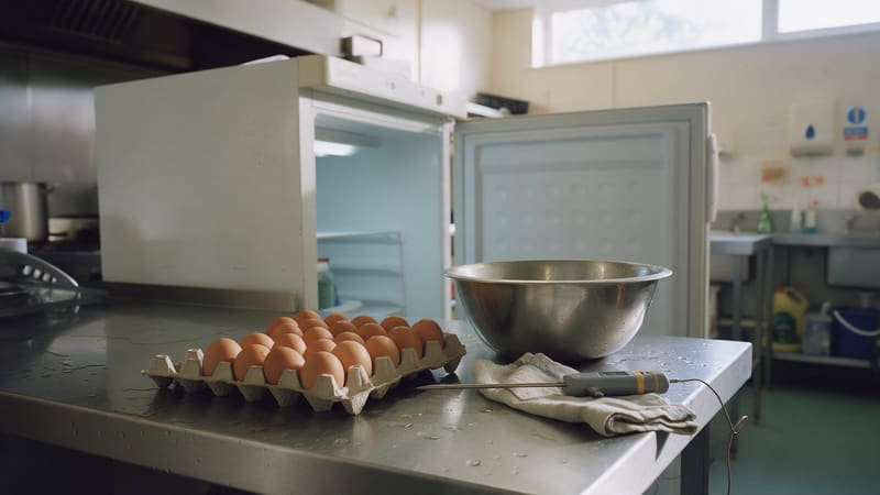 A tray of eggs, a mixing bowl and a probe thermometer on a stainless steel counter in a care home kitchen.