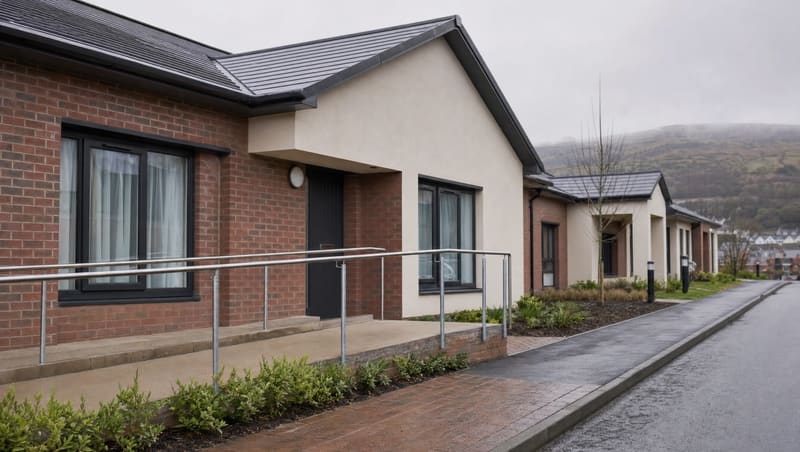 A terrace of newly built single-storey supported-housing bungalows on a wet morning, with level-access doorways, a ramp handrail and a hillside rising behind.