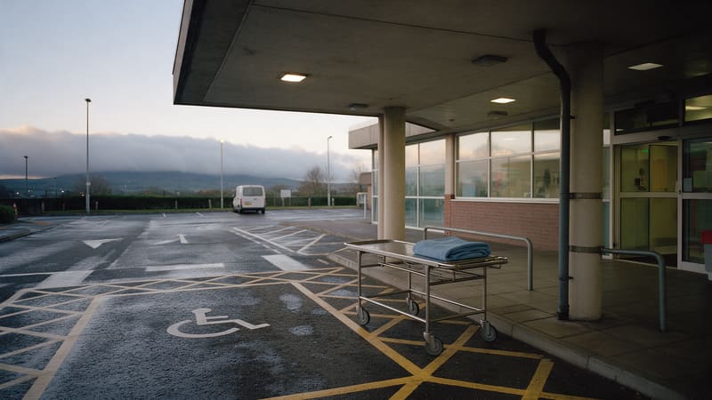 An empty hospital emergency entrance at dusk, with a trolley and a folded blanket parked under the canopy beside marked bays.
